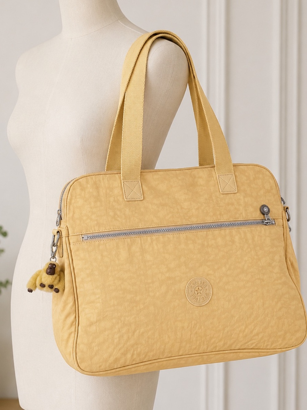 Vintage Kipling Beige Tote Y2K Travel Weekender Work Shoulder Bag w/ Coin Pouch